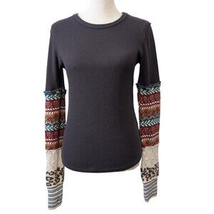 We The Free Womens Size M Washed Black Brown All In Knit Cuff Waffle Thermal Top
